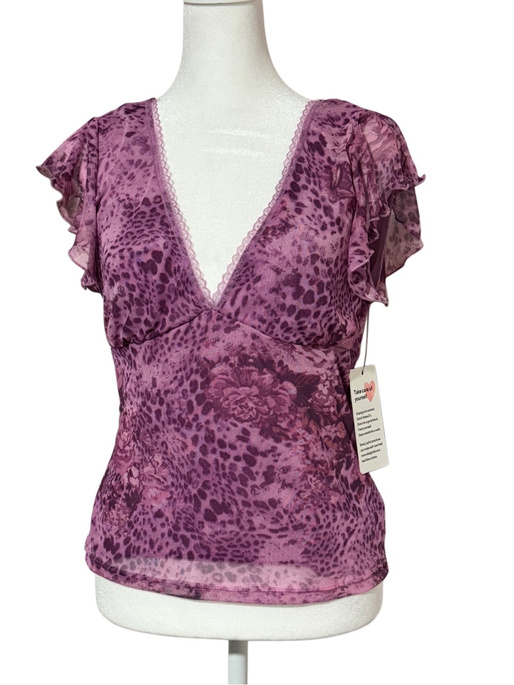 Good Days Project Purple Leopard Floral Mesh Ruffle Top L